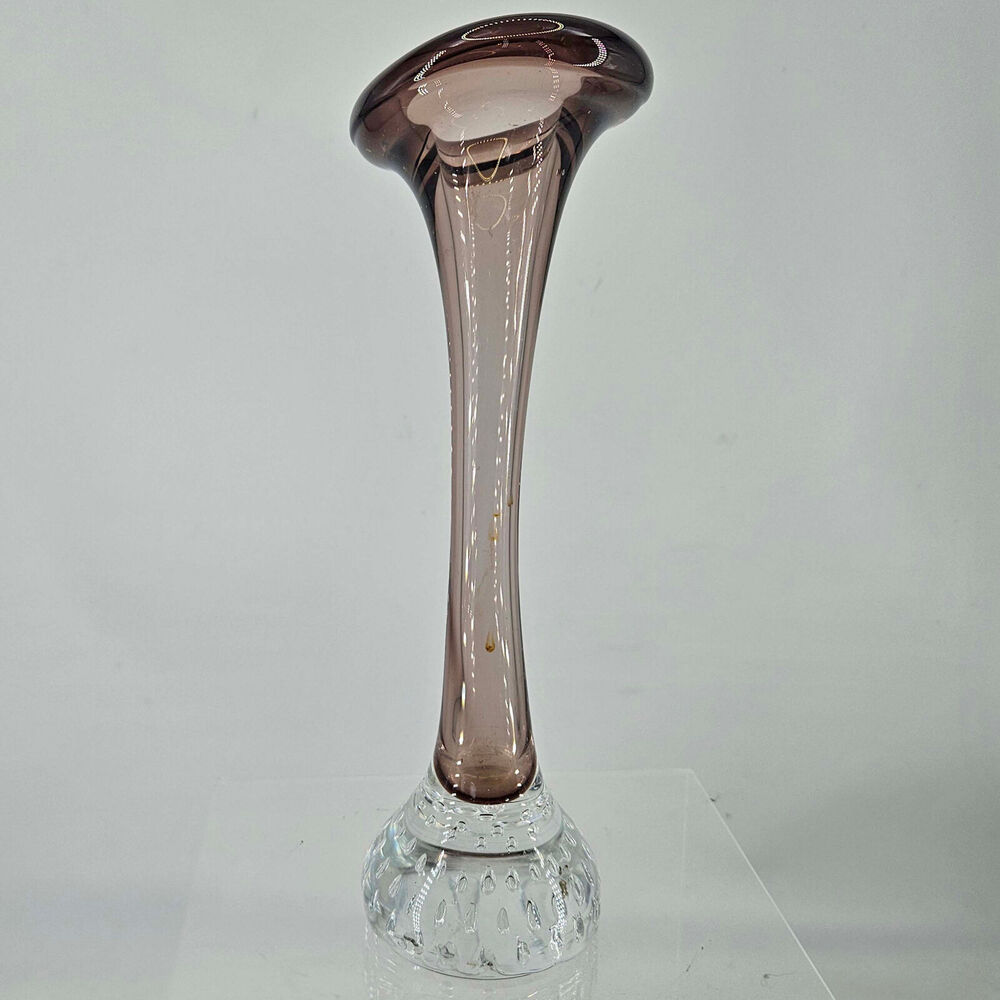 Purple Aseda Glasbruk Hand Blown Sommerso Bullicante Base Heavy Glass Bud Vase